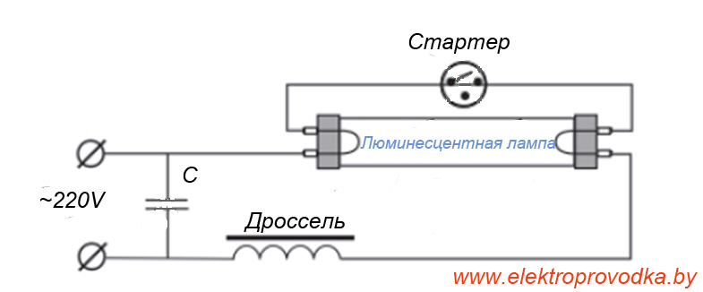 Схема подключения лампы дневного света с дросселем и стартером 2 лампы